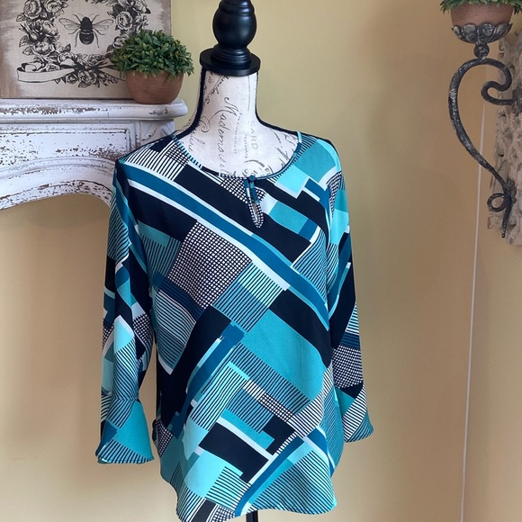 Women’s Black & Teal Turquoise Green Bell Sleeve Geometric Blouse - Picture 1 of 11